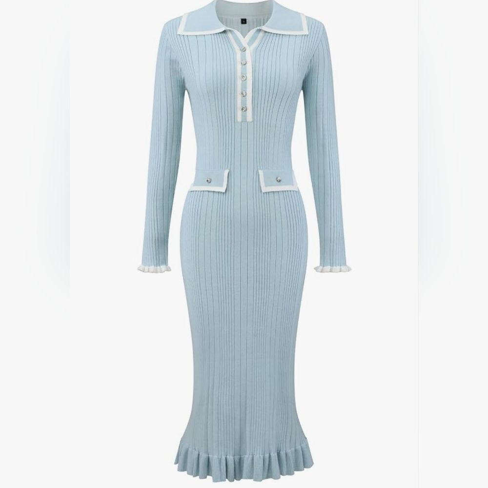 🩵NWT Powder Blue Ribbed Knit Bodycon Long Sleeve Dress Small